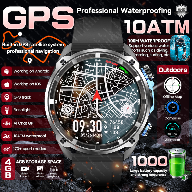 Smartwatch Watches Gift For Men - Nieuwe Mannen Militaire GPS Kaart Smart
