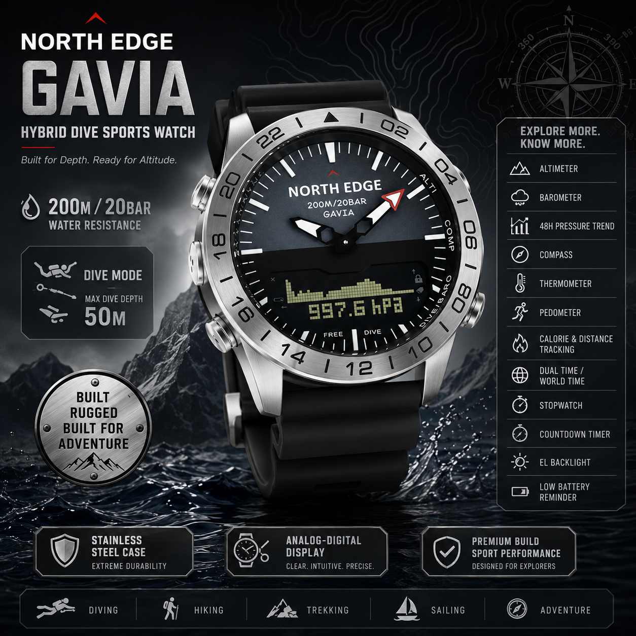 Smartwatch Army Watches For Men - NORTH EDGE Heren duikhorloge Militair leger