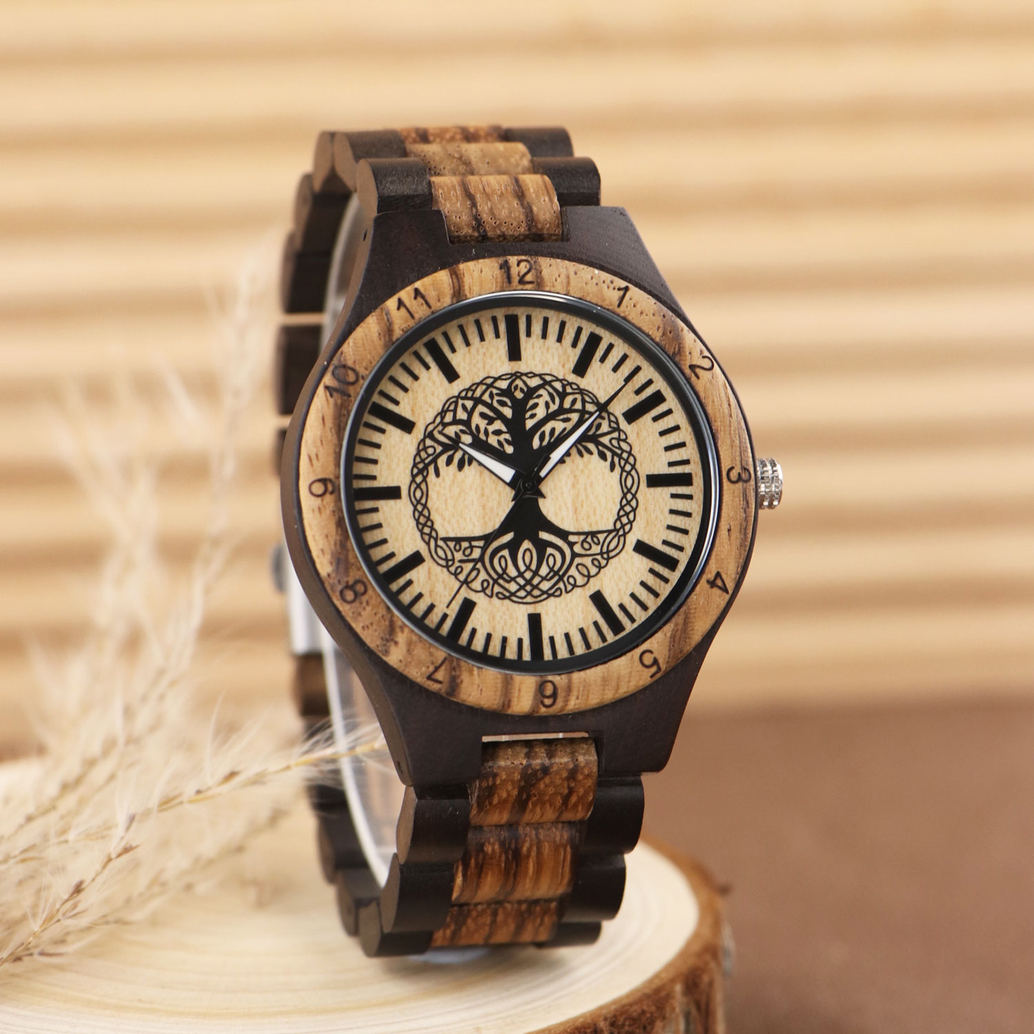 Smartwatch Casual Watches For Men - Levensboom gegraveerd houten horloge voor heren,